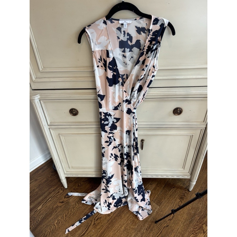 Halston Floral Maxi Wrap‎ Dress Pink Navy White XS Summer Dress Short Sleeve